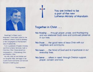 brochure announcing the formation of a new church in Mandarin, Jacksonville, Florida